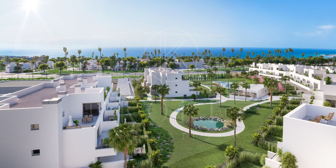 Apartament elegant cu două dormitoare orientat spre sud-vest, situat în comunitatea închisă foarte căutată Acqua Gardens pe Noua Mijlociu de Aur, Estepona