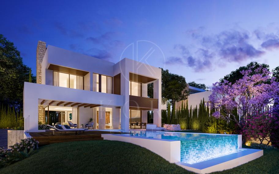 Modern four bedroom, south east facing villa of exceptional qualities is located in a gated community, consisting of only 15 villas, with 24 hour security guards and concierge services situated in a green oasis on the edge of the famous Golden Mile